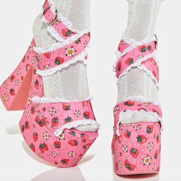 Dolls Kill Shoes - Dollskill Strawberry Shortcake It's A Berry World Platform Heels Sandals Pink 7